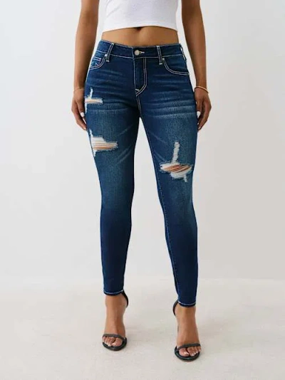 True Religion Women's Jennie Mid Rise Distressed Curvy Skinny Jean