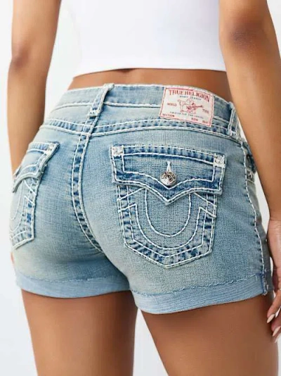True Religion Women's Jennie Mid Rise Super T Flap Curvy Short In Blue