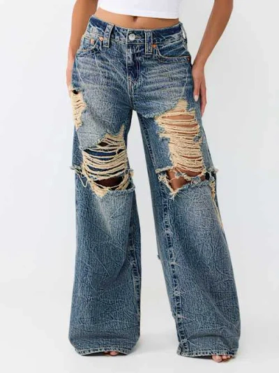 True Religion Women's Jessie Mid Rise Destroyed Layered Super Baggy Jean In Blue