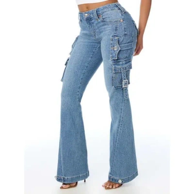 True Religion Women's Joey Low Rise Cargo Flap Flare Jean In Blue