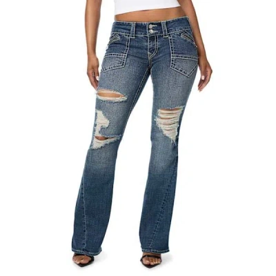 True Religion Women's Joey Low Rise Destroyed Zipper Pocket Big T Flap Flare Jean In Blue