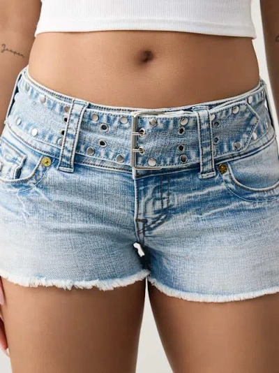 True Religion Women's Joey Low Rise Wide Belt Flap Short In Blue