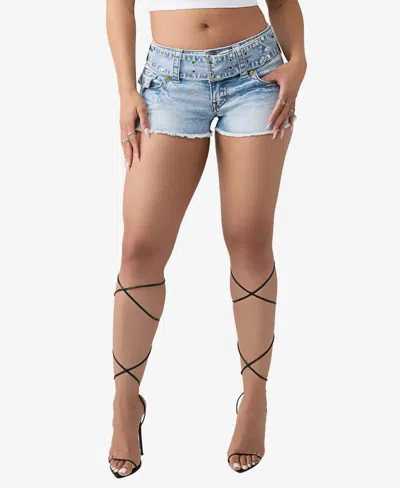 True Religion Women's Joey Low-rise Wide Belt Flap Shorts In Blue