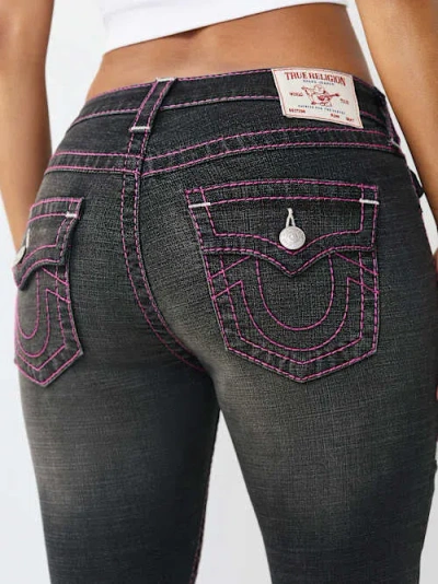 True Religion Women's Joey Mid Rise Big T Flap Flare Jean In Black