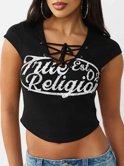 True Religion Women's Lace-up Cap Sleeve Ribbed Top In Black