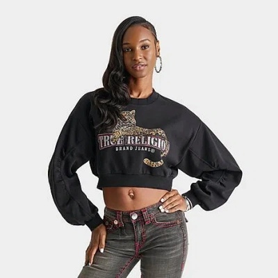 True Religion Women's Leopard Crystal Ruched Sleeve Top In Black