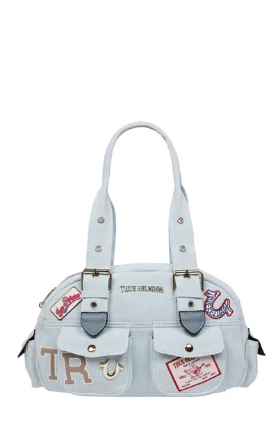 True Religion Women's Light Blue Multi Patch Satchel Bag