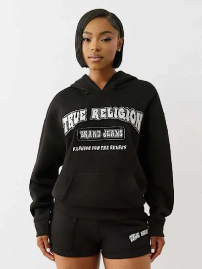 True Religion Women's Logo Applique Boyfriend Hoodie In Black