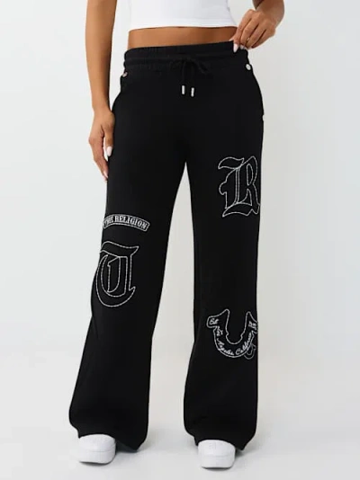 True Religion Women's Logo Appliqué Wide Leg Sweatpant In Black