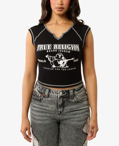 True Religion Women's Logo Rib Notched Baby T-shirt In Jet Black