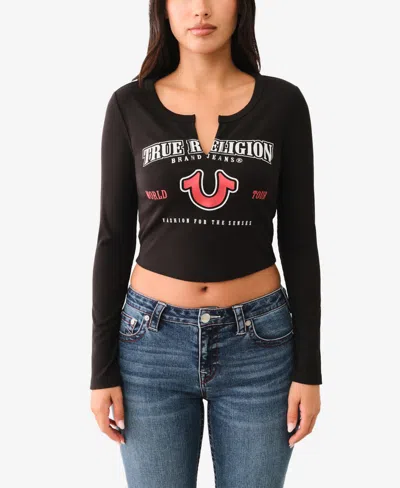 True Religion Women's Logo Rib V Notch Long Sleeve Top In Jet Black