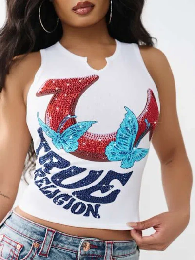 True Religion Women's Logo V-notch Racer Back Tank Top In White