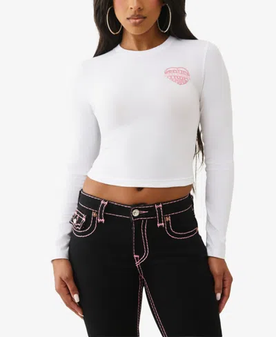 True Religion Women's Long Sleeve Glitter Puff Heritage Baby T-shirt In White