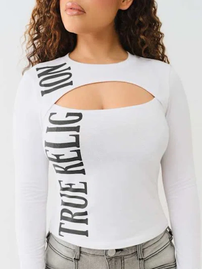 True Religion Women's Long Sleeve Keyhole Logo Top In White