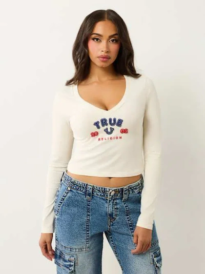 True Religion Women's Long Sleeve Logo Applique Baby T-shirt In White