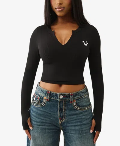 True Religion Women's Long Sleeve Seamless V Notch Top In Black