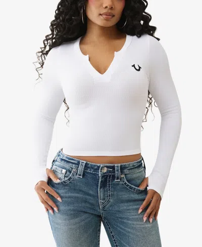 True Religion Women's Long Sleeve Seamless V Notch Top In White