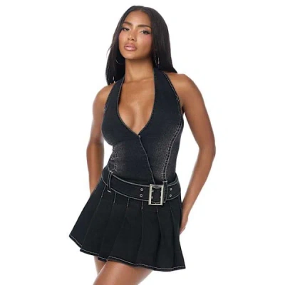 True Religion Women's Low Plunge Pleated Denim Dress In Black