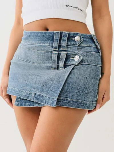 True Religion Women's Low Rise Denim Wrap Mini Skirt In Blue