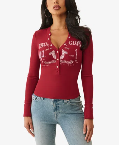 True Religion Women's Ls Printed Ribbed Henley Top In Red
