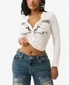 True Religion Women's Ls Printed Ribbed Henley Top In White