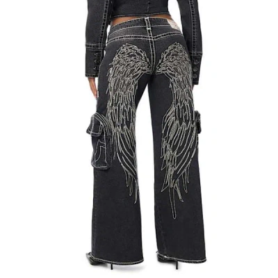 True Religion Women's Maddie Mid Rise Wing Super T Cargo Super Baggy Jean In Black