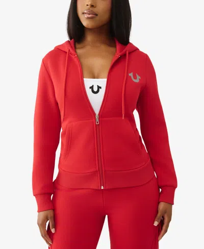 True Religion Women's Metallic Buddha Banner Zip Up Hoodie In Red