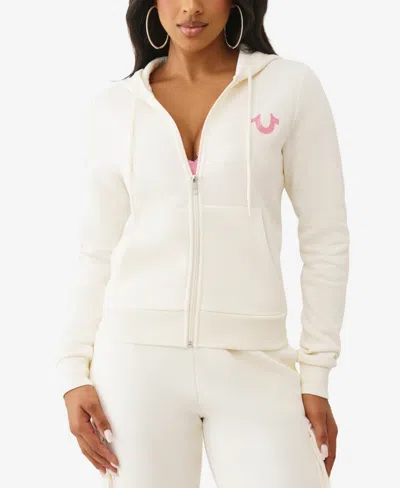 True Religion Women's Metallic Buddha Banner Zip Up Hoodie In White