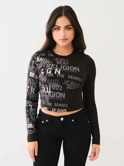 True Religion Women's Metallic Logo Long Sleeve Baby T-shirt In Black