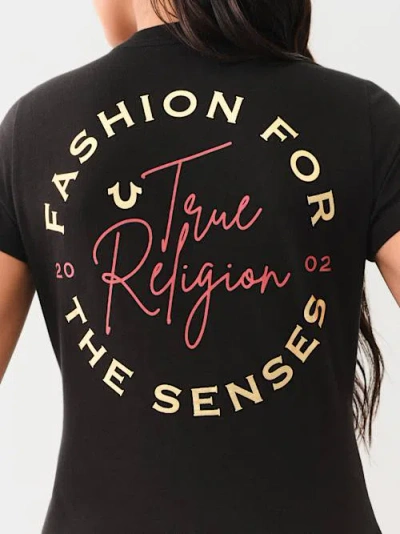True Religion Women's Metallic Script Logo V Neck T-shirt In Black