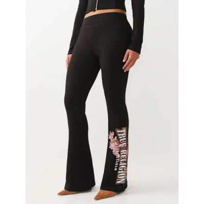 True Religion Women's Mid Rise Waffle Knit Flared Pant In Black
