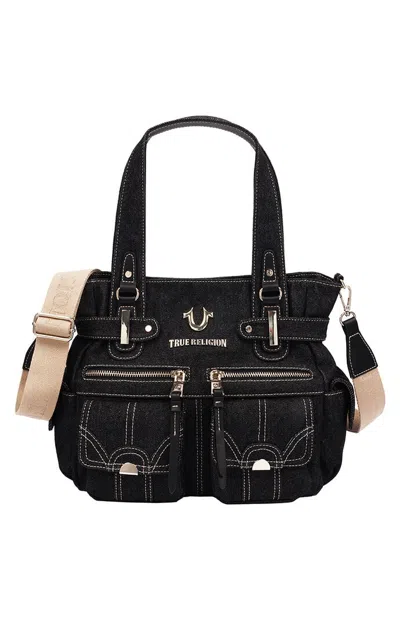 True Religion Women's Multi Pocket Black Denim Cinch Tote Bag