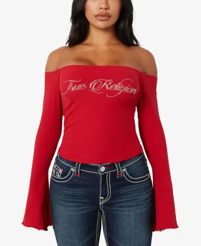 True Religion Women's Off The Shoulder Rib Top In Apple Red