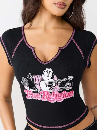 True Religion Women's Outdoors Raglan Ribbed Notch T-shirt In Black