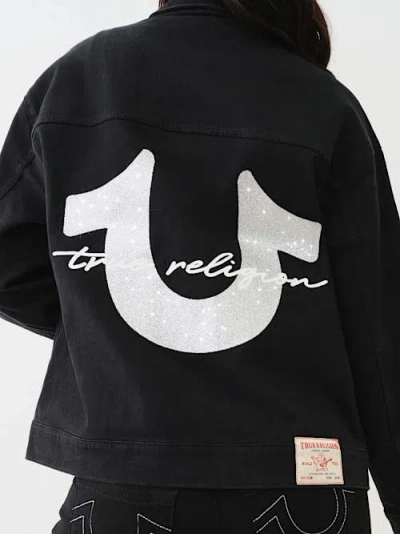 True Religion Women's Oversized Glitter Logo Denim Trucker Jacket In Black