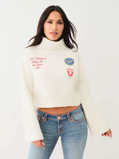 True Religion Women's Patch Embroidery Turtleneck Sweater In White