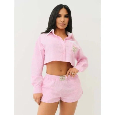 True Religion Women's Pinstriped Button Down Crop Shirt In Pink