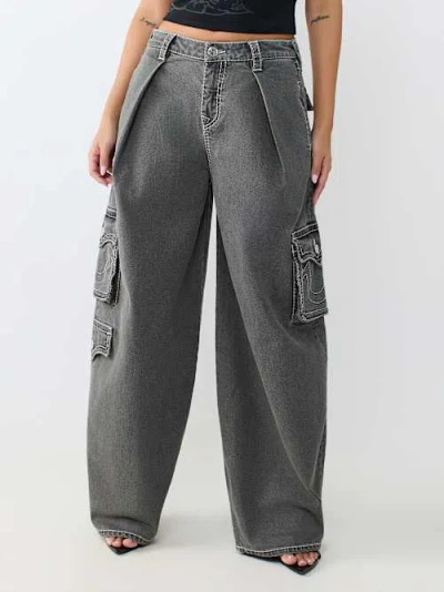 True Religion Women's Pleated Barrel Big T Cargo Jean In Black