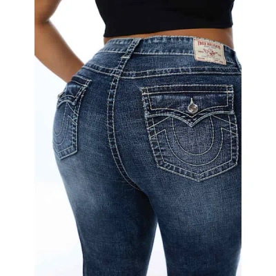 True Religion Women's Plus Becca Mid Rise Crystal Big T Flap Bootcut Jean In Blue