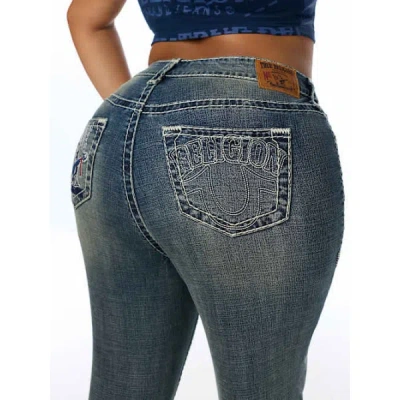 True Religion Women's Plus Billie Mid Rise Buddha Pocket Super T Straight Jean In Blue