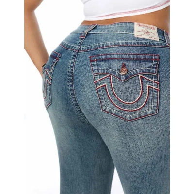True Religion Women's Plus Billie Mid Rise Double Horseshoe Big T Flap Straight Jean In Blue