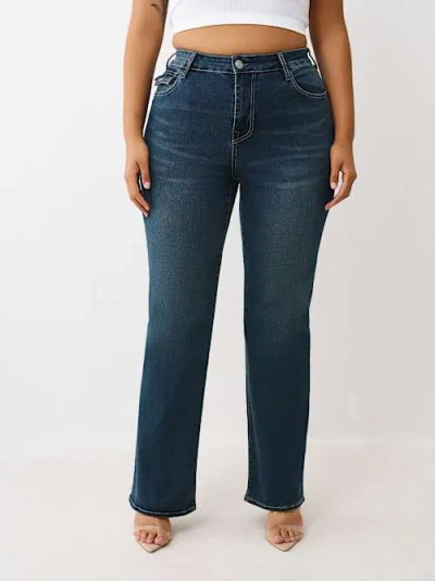 True Religion Women's Plus Billie Mid Rise Flap Straight Jean In Blue