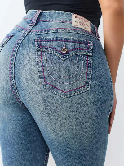 True Religion Women's Plus Billie Mid Rise Super T Flap Straight Jean In Blue