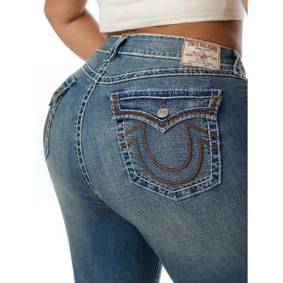 True Religion Women's Plus Billie Mid Rise Super T Flap Straight Jean In Blue