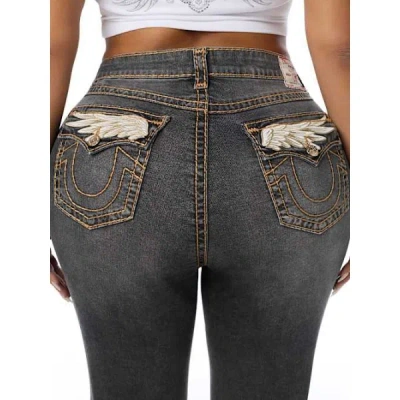 True Religion Women's Plus Billie Mid Rise Wing Super T Flap Straight Jean In Black