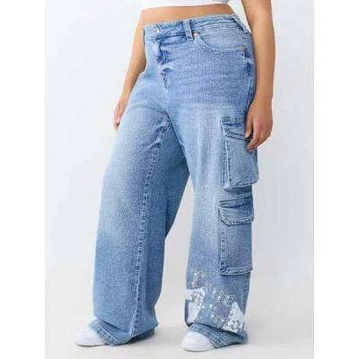 True Religion Women's Plus Bobbi Mid Rise Baggy Cargo Jean In Blue