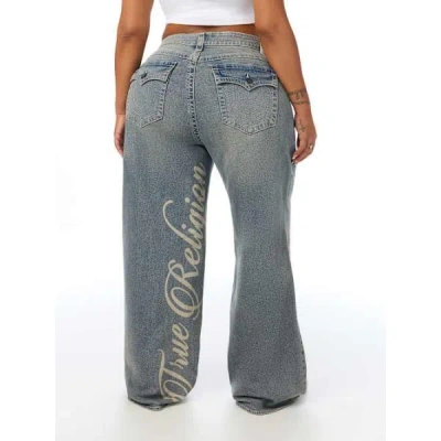 True Religion Women's Plus Bobbi Mid Rise Logo Script Flap Baggy Jean In Gray