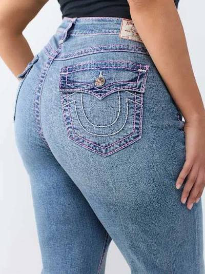 True Religion Women's Plus Jennie Mid Rise Big T Flap Curvy Skinny Jean In Blue