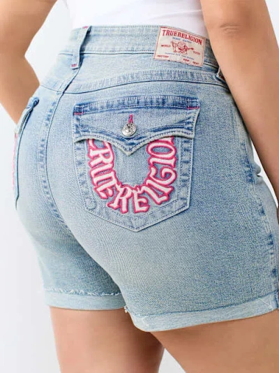 True Religion Women's Plus Jennie Mid Rise Flap Curvy Short In Blue