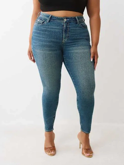 True Religion Women's Plus Jennie Mid Rise Flap Curvy Skinny Jean In Blue